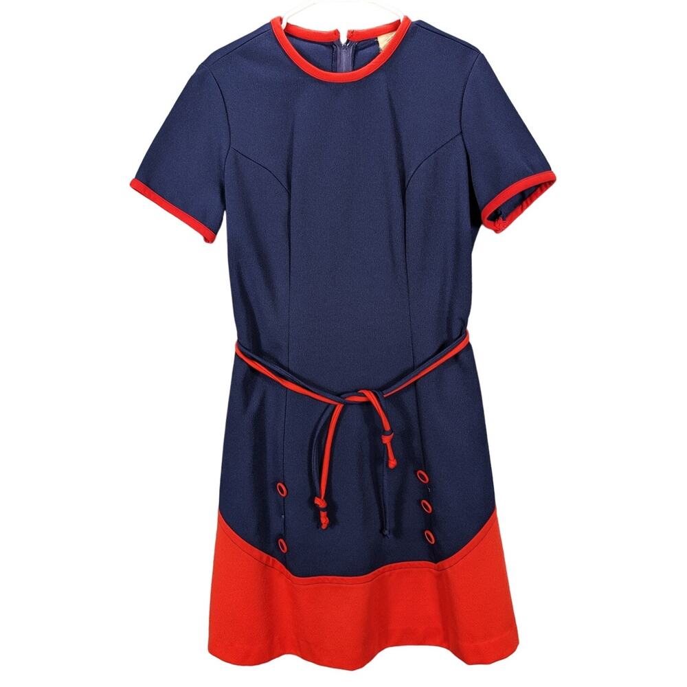 Vintage Dress Womens Large Drop Waist Navy Blue Orange Polyester Belt READ Twee